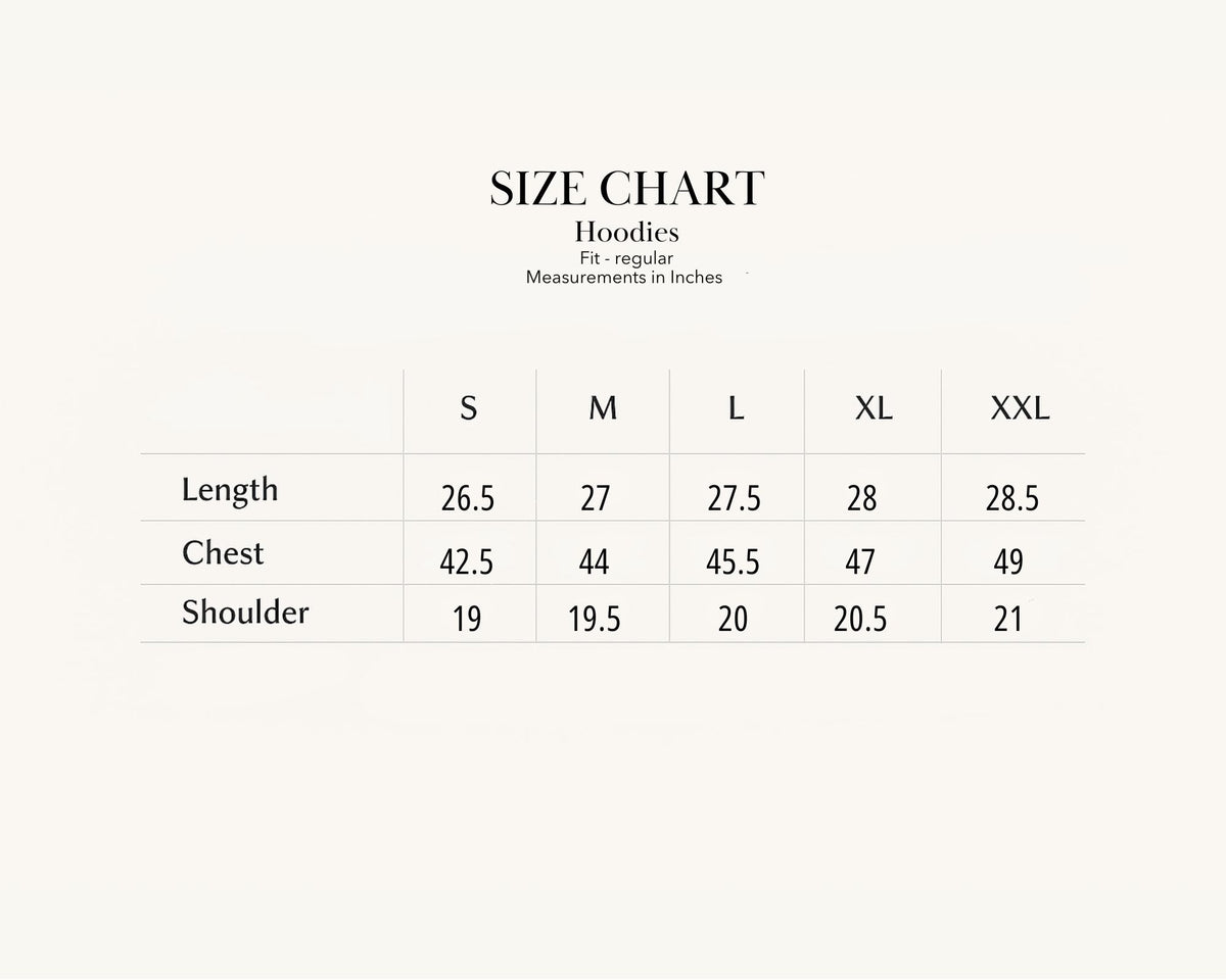 Size chart for The Afterlife Hoodie Black
