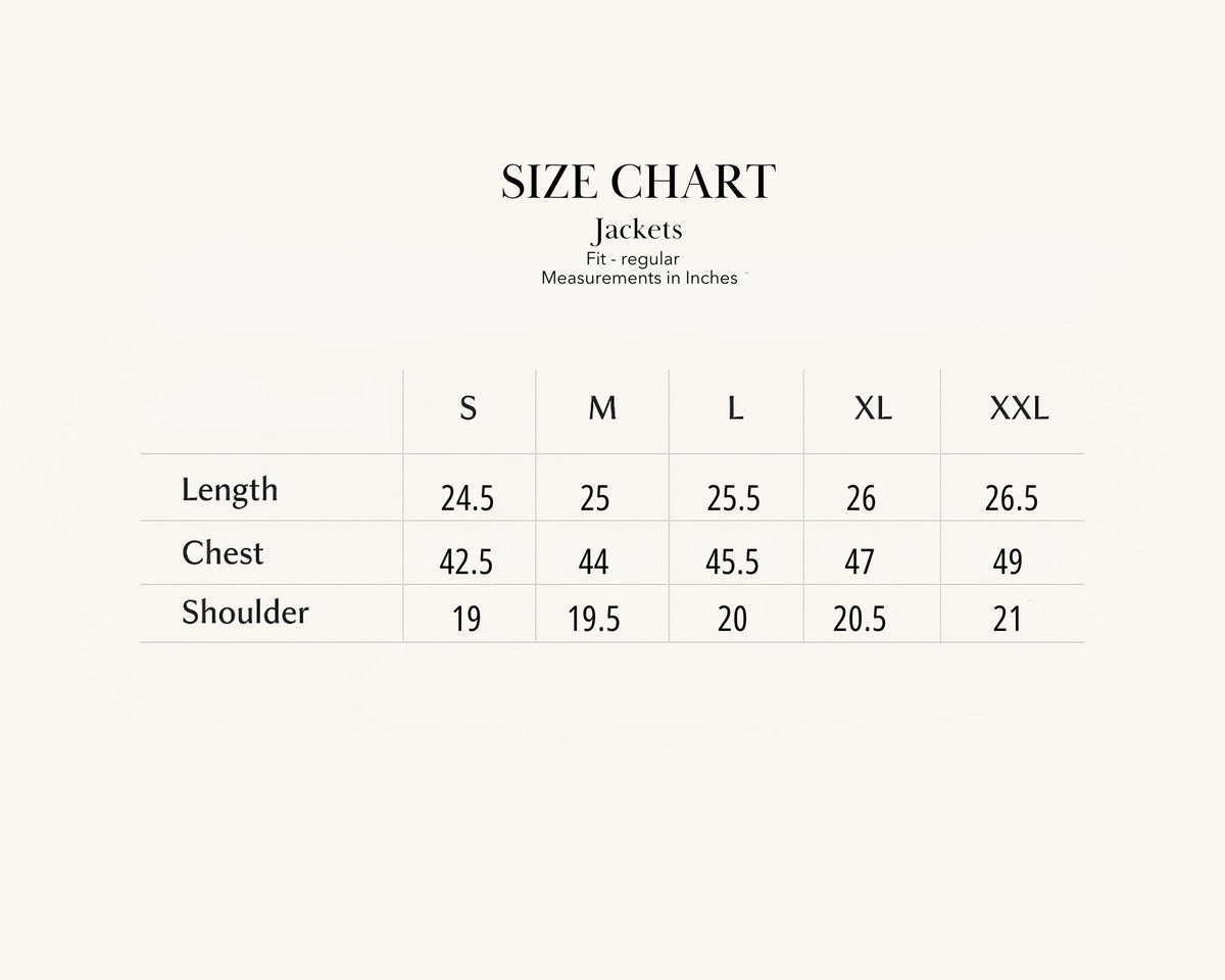 Size chart for The Black Shadow Jacket